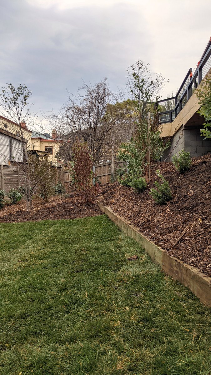 Sleeper retaining wall with turf and planting